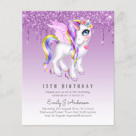 BUDGETEN Barns födelsedag Inbjudan Lila Unicorn Flygblad
