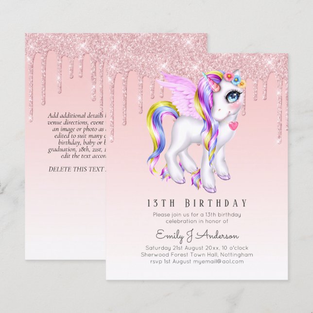 BUDGETEN Barns födelsedag Inbjudan Rosa Unicorn (Fram/baksida)