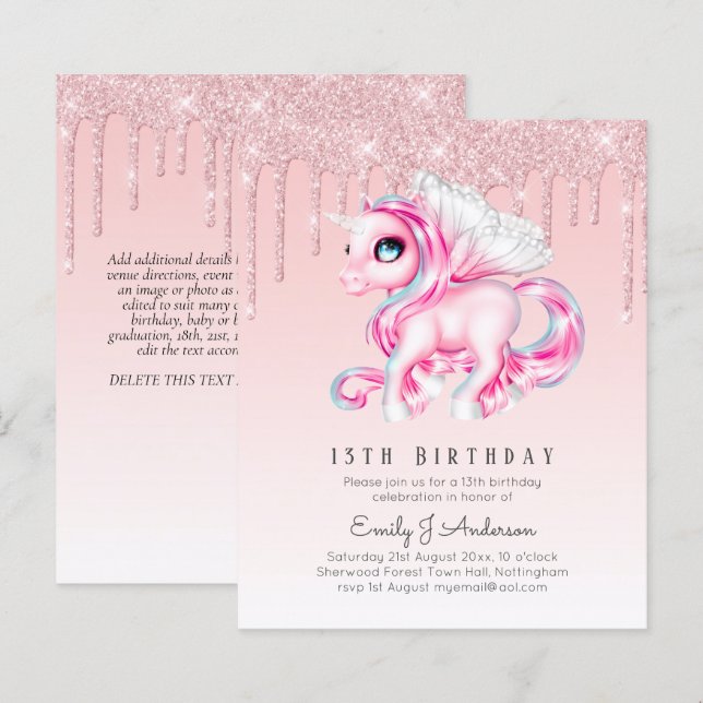 BUDGETEN Barns födelsedag Inbjudan Rosa Unicorn (Fram/baksida)