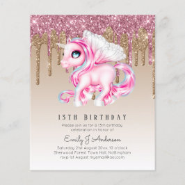 BUDGETEN Barns födelsedag Inbjudan Rosa Unicorn Flygblad