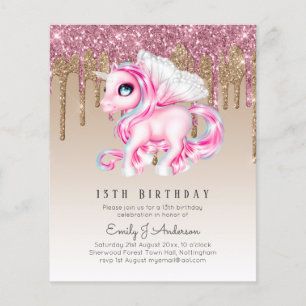 BUDGETEN Barns födelsedag Inbjudan Rosa Unicorn Flygblad