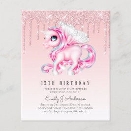 BUDGETEN Barns födelsedag Inbjudan Rosa Unicorn Flygblad