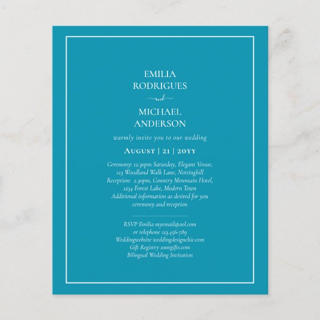 BUDGETEN Bilingual Bondi Blue Bröllop Boda Inbjuda Flygblad (Framsidan)