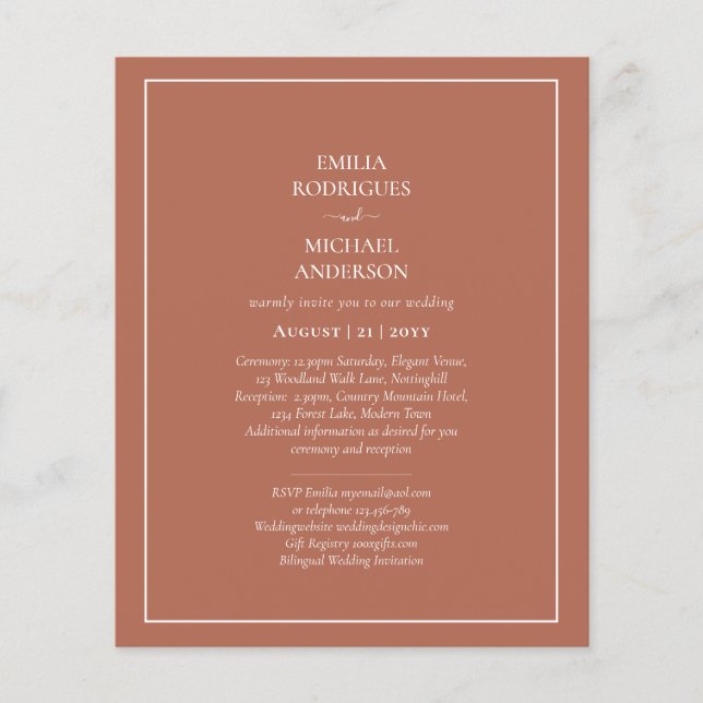 BUDGETEN Bilingual Bröllop Boda Terracotta Modern Flygblad (Framsidan)
