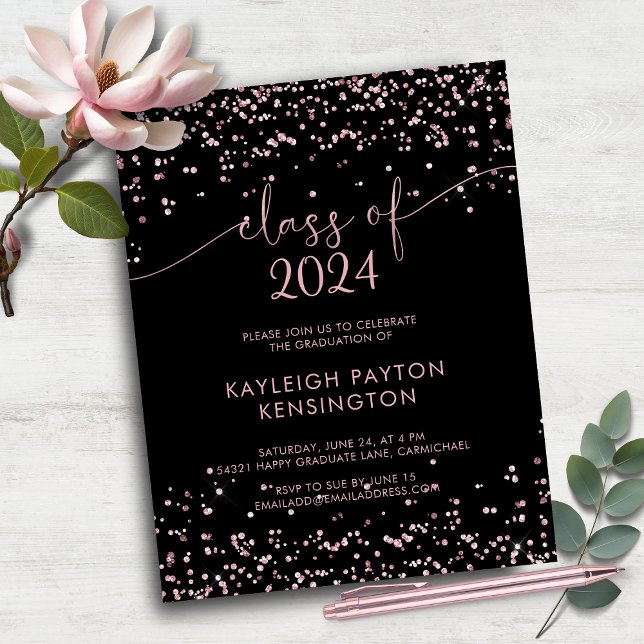 BUDGETEN Black  Rosa Glitter Studentfest (BUDGET Black Blush Pink Glitter Graduation Party Invitation)