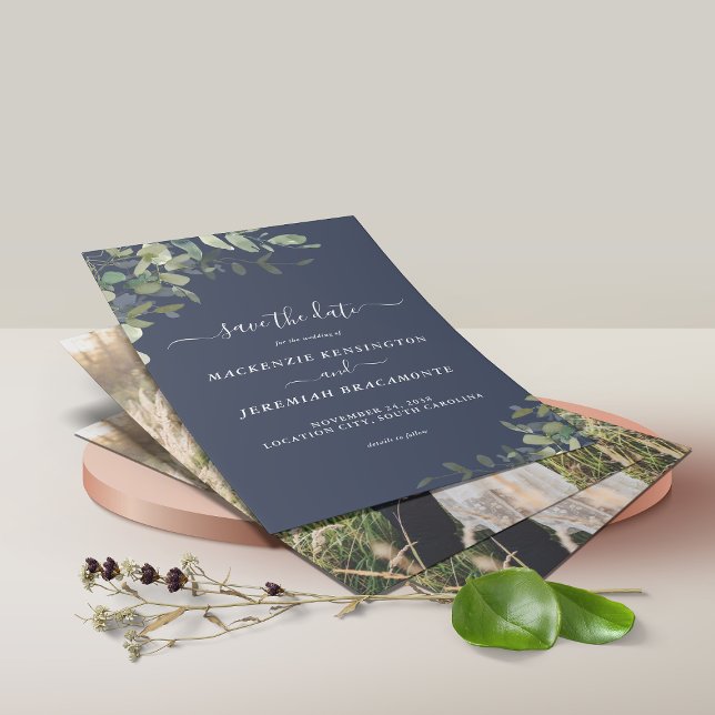 BUDGETEN - Blått Eucalyptus-foto Spara datum Flygblad (Skapare uppladdad)