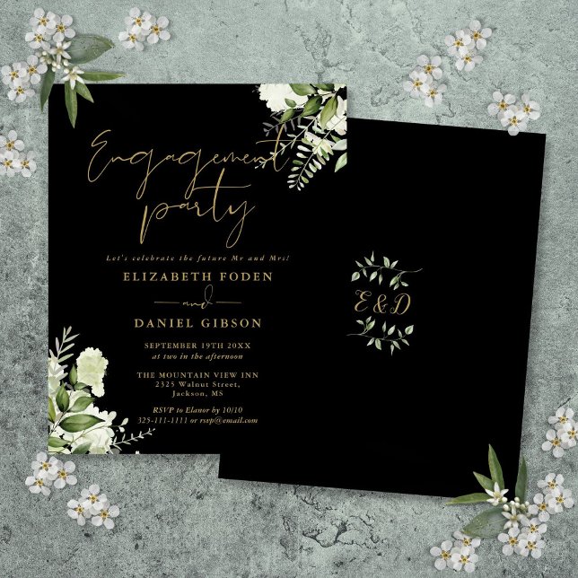 Budgeten Blommigt Svarta Förlovningsfesten Guld In (Budget Floral Gold Black Engagement Party Invite)