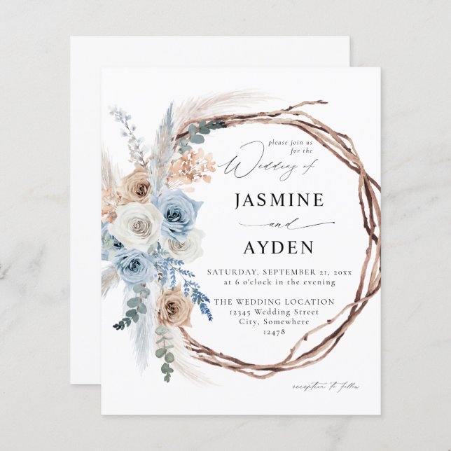 Budgeten Blue & Beige Boho Blommigt Wandan Bröllop (Fram/baksida)