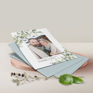 BUDGETEN Blue Eucalyptus Bröllop Photo Save Date Flygblad