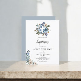 Budgeten Boho Dusty Blue Beige Flowers Baptism Inbjudan Vykort