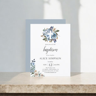 Budgeten Boho Dusty Blue Beige Flowers Baptism Inbjudan Vykort