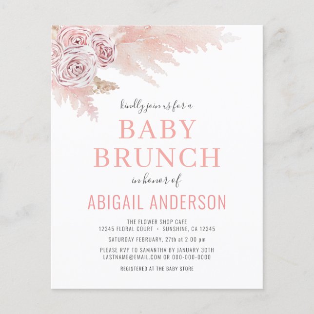 Budgeten Boho Pampas Grass Baby Brunch-inbjudan Flygblad (Framsidan)