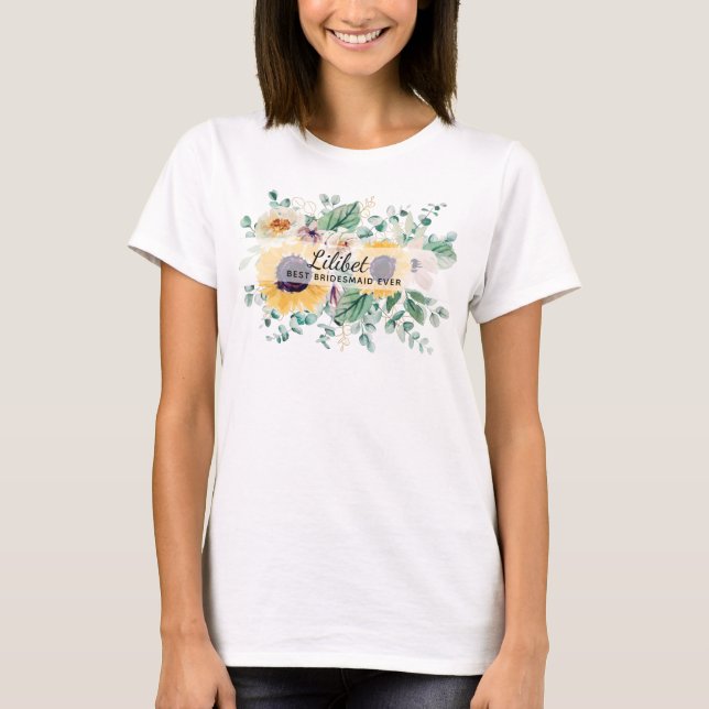 BUDGETEN Bridesmaid Brudens sida ger SUNFLOWERS T Shirt (Framsida)