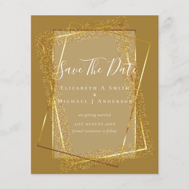 BUDGETEN BRÖLLOP SPARA DATA Guld Glitter Flygblad (Framsidan)