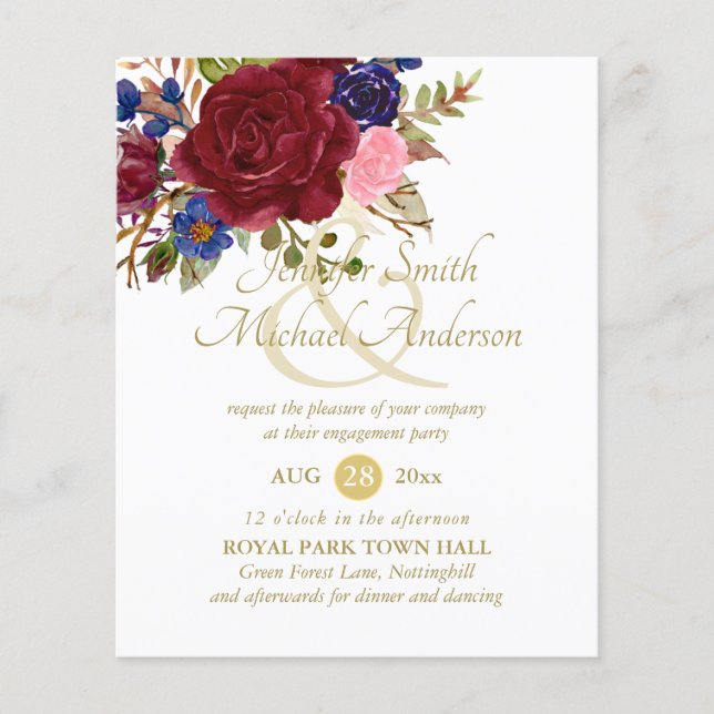 Budgeten Burgundy Blue Rosa ros Bröllop Förlovning (Framsida)