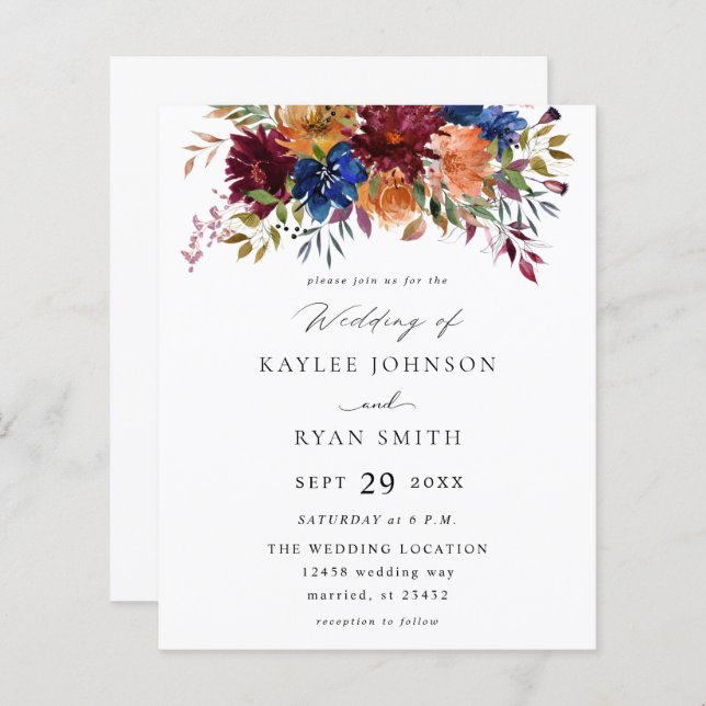 Budgeten Burgundy Navy Orange Fall Blommigt Bröllo (Fram/baksida)