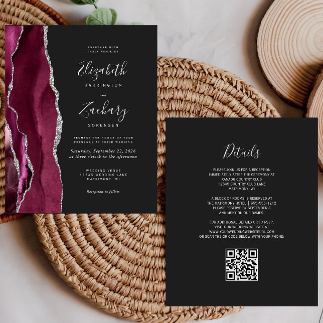 Budgeten Burgundy Silver Agate Mörk QR Code Bröllo (Skapare uppladdad)