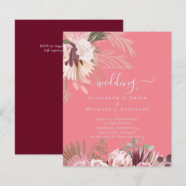 BUDGETEN Burgundy Vin Pampas Grass Tropical Bröllo (Fram/baksida)