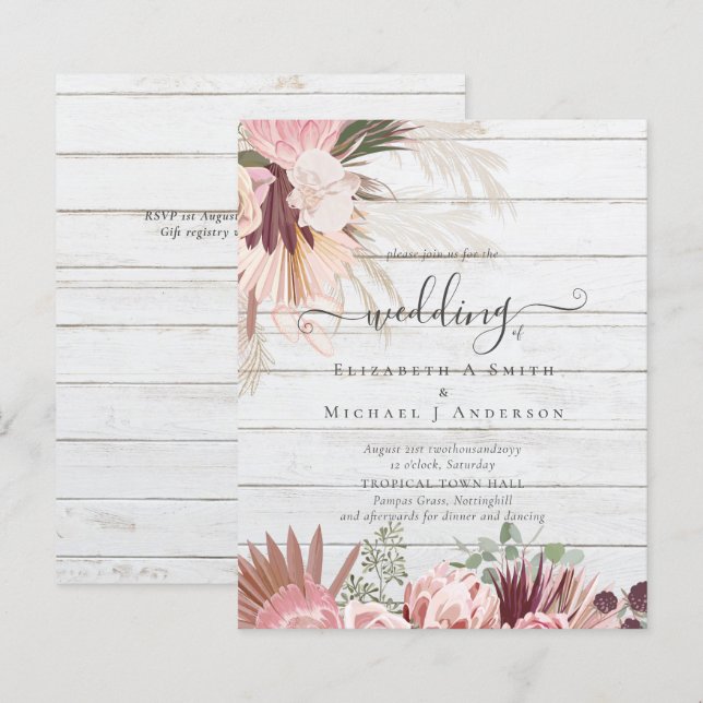 BUDGETEN Burgundy Vin Pampas Grass Tropical Bröllo (Fram/baksida)