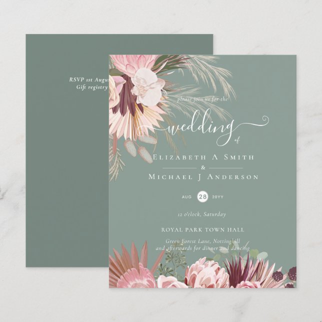 BUDGETEN Burgundy Vin Pampas Grass Tropical Bröllo (Fram/baksida)