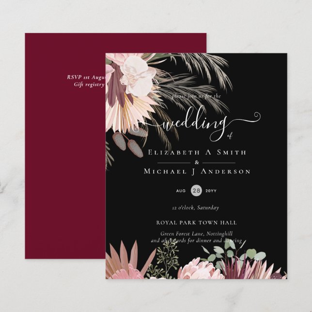 BUDGETEN Burgundy Vin Pampas Grass Tropical Bröllo (Fram/baksida)