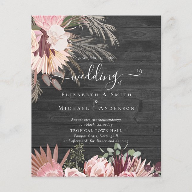 BUDGETEN Burgundy Vin Pampas Grass Tropical Bröllo Flygblad (Framsidan)