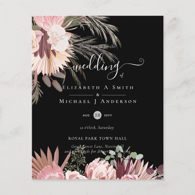 BUDGETEN Burgundy Vin Pampas Grass Tropical Bröllo Flygblad (Framsidan)