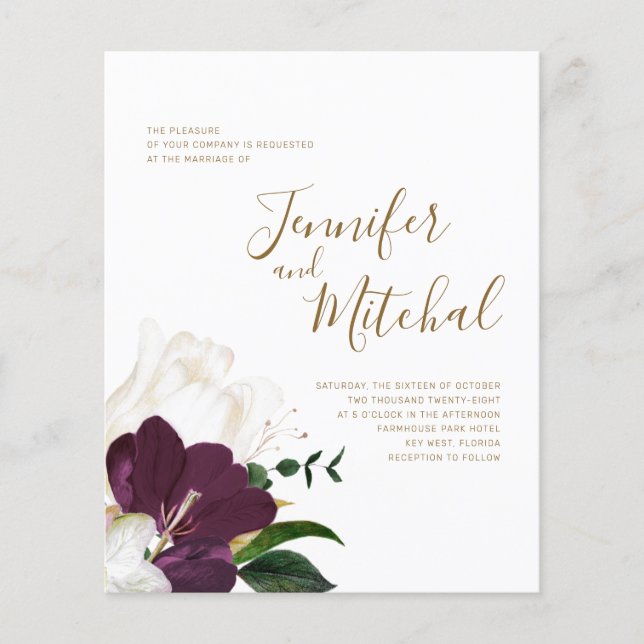 BUDGETEN Burgundy White & Guld bröllopsinbjudan (Framsida)