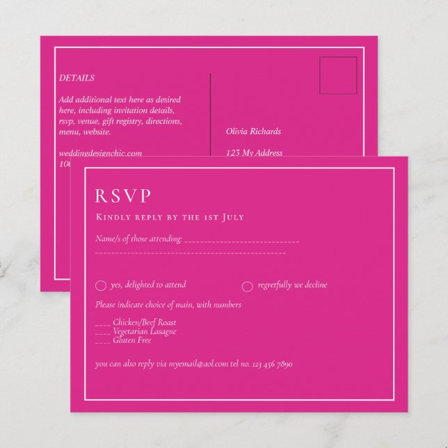 BUDGETEN CERISE ROSA Modern Core Bröllop Vykort (Fram/baksida)