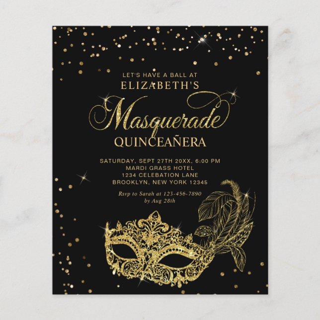 BUDGETEN Elegant Black Guld Masquuppad Quinceañera (Framsida)