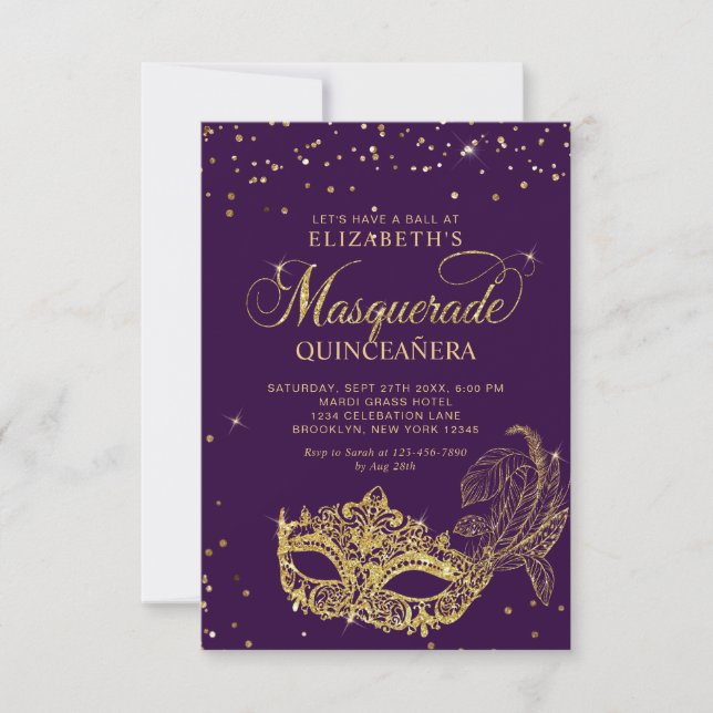 BUDGETEN Elegant Lila Guld Masquuppad Quinceañera Anteckningskort (Framsida)