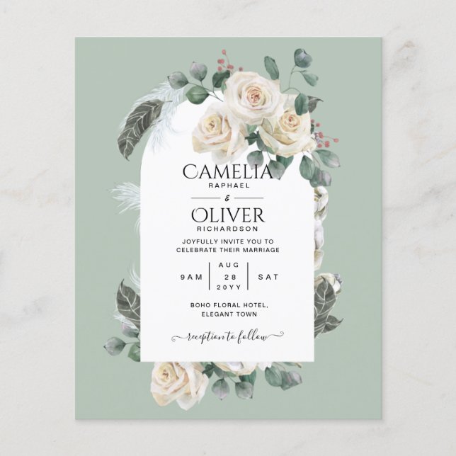 BUDGETEN Elegant Vit ros Arch Wedding bjudande in Flygblad (Framsidan)