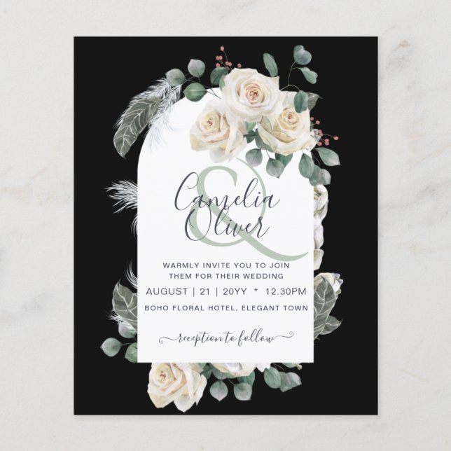 BUDGETEN Elegant Vit ros Arch Wedding bjudande in Flygblad (Framsidan)