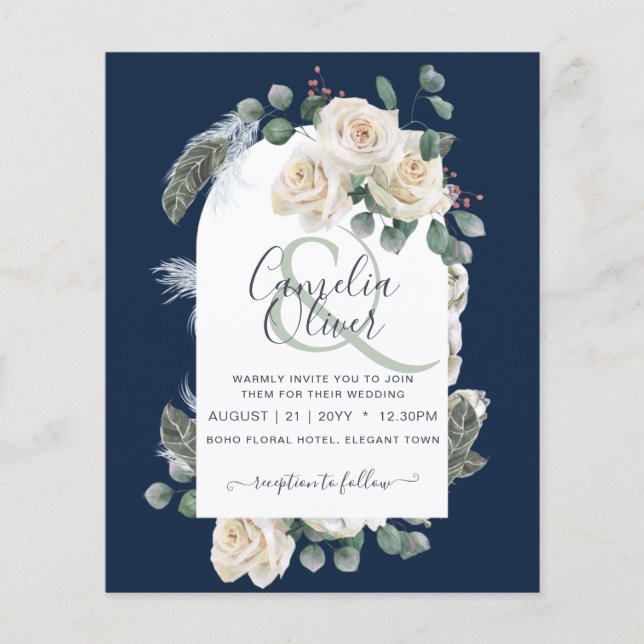 BUDGETEN Elegant Vit ros Arch Wedding bjudande in Flygblad (Framsidan)