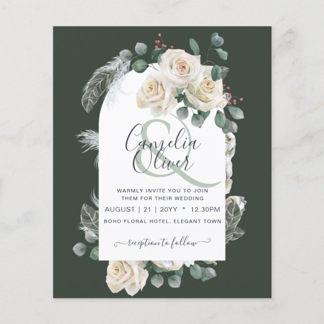 BUDGETEN Elegant Vit ros Arch Wedding bjudande in Flygblad (Framsidan)