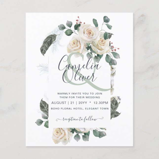 BUDGETEN Elegant Vit ros Arch Wedding bjudande in Flygblad (Framsidan)