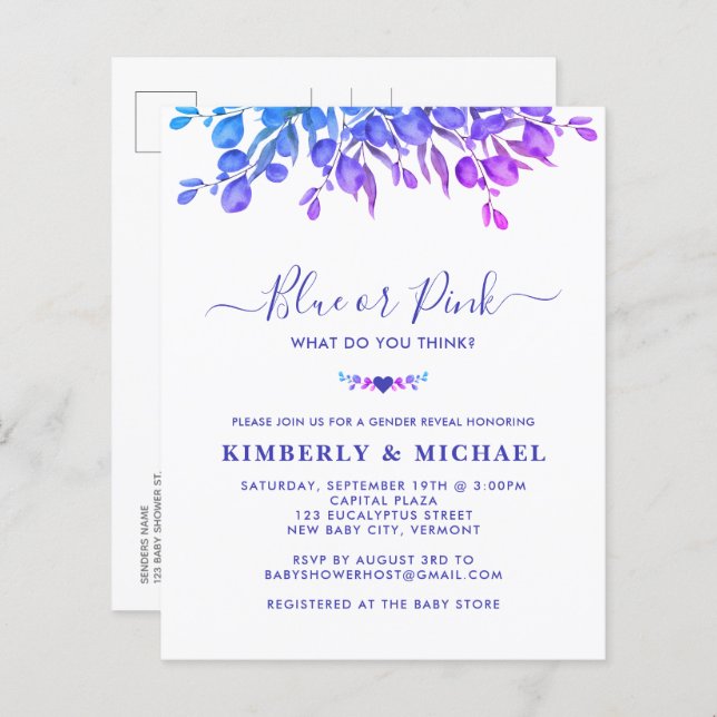 Budgeten Eucalyptus Baby Gender Reveal Blue Rosa (Fram/baksida)