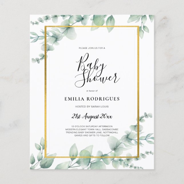 BUDGETEN Eucalyptus BABY SHOWER GULD QR CODE INBJU Flygblad (Framsidan)