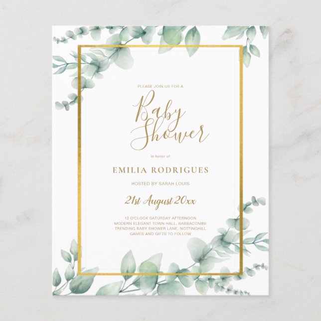 BUDGETEN Eucalyptus BABY SHOWER GULD QR CODE INBJU Flygblad (Framsidan)