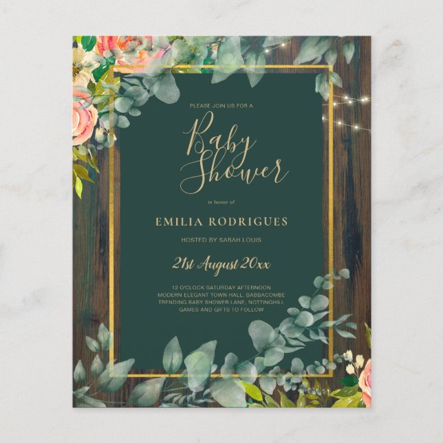 BUDGETEN Eucalyptus BLOMMIGT BABY SHOWER Rustic Flygblad (Framsidan)