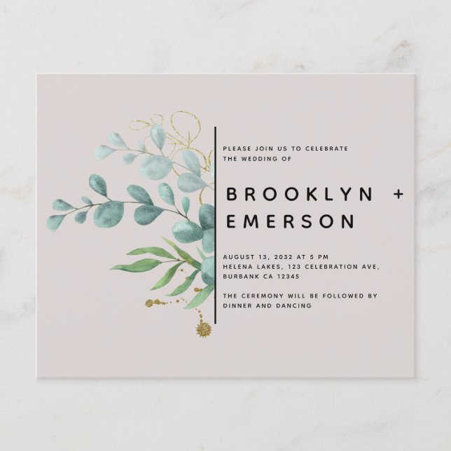 BUDGETEN Eucalyptus Gold Foil Modern Bröllop (Framsida)