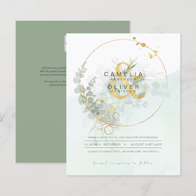 BUDGETEN Eucalyptus Greenery Guld Bröllop QR CODE  (Fram/baksida)