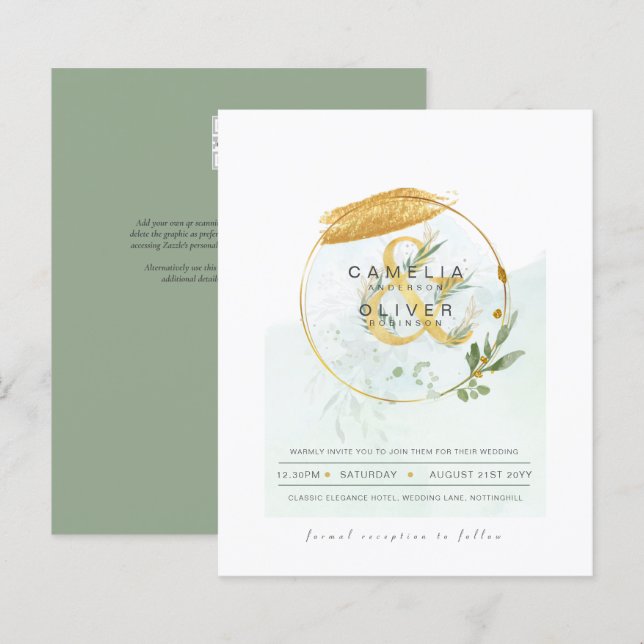 BUDGETEN Eucalyptus Greenery Guld Bröllop QR CODE  (Fram/baksida)