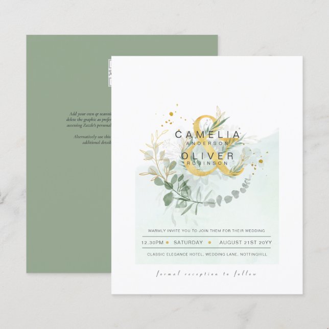 BUDGETEN Eucalyptus Greenery Guld Bröllop QR CODE  (Fram/baksida)