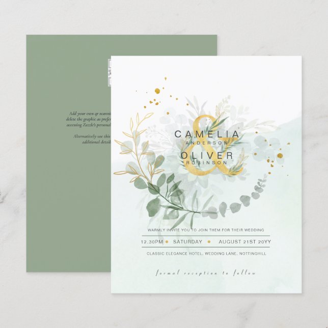 BUDGETEN Eucalyptus Greenery Guld Bröllop QR CODE  (Fram/baksida)