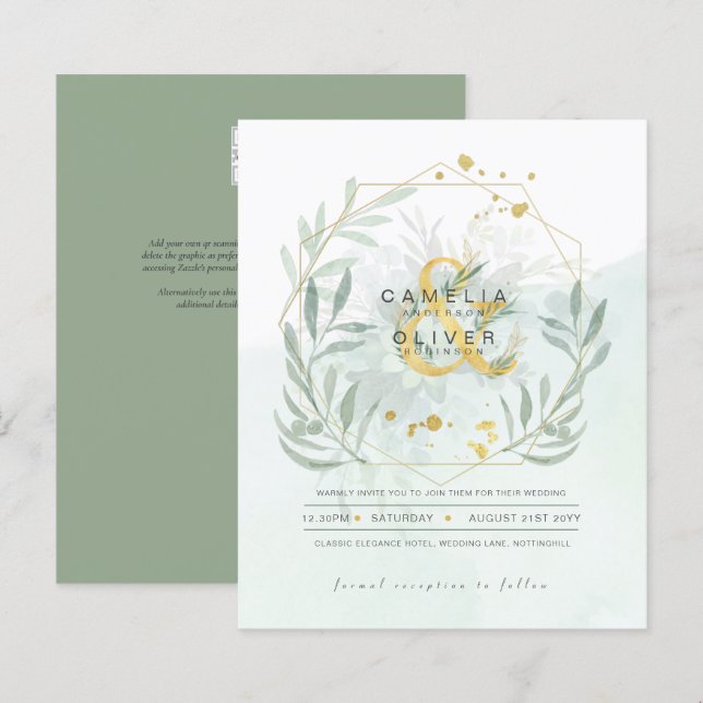 BUDGETEN Eucalyptus Greenery Guld Bröllop QR CODE  (Fram/baksida)