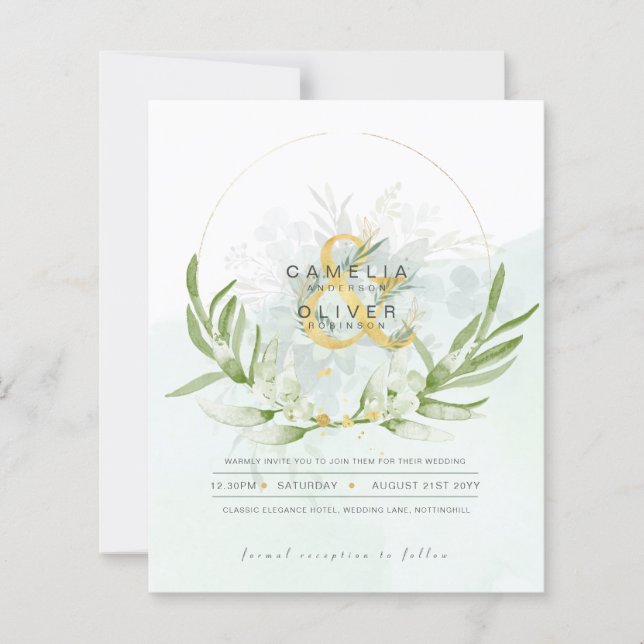 BUDGETEN Eucalyptus Greenery Guld Bröllop QR CODE  (Framsida)