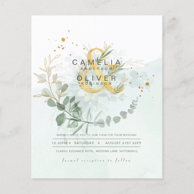 BUDGETEN Eucalyptus Greenery Guld Bröllop QR CODE  Flygblad (Framsidan)