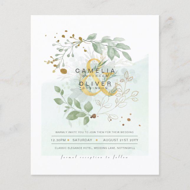 BUDGETEN Eucalyptus Greenery Guld Bröllop QR CODE  Flygblad (Framsidan)