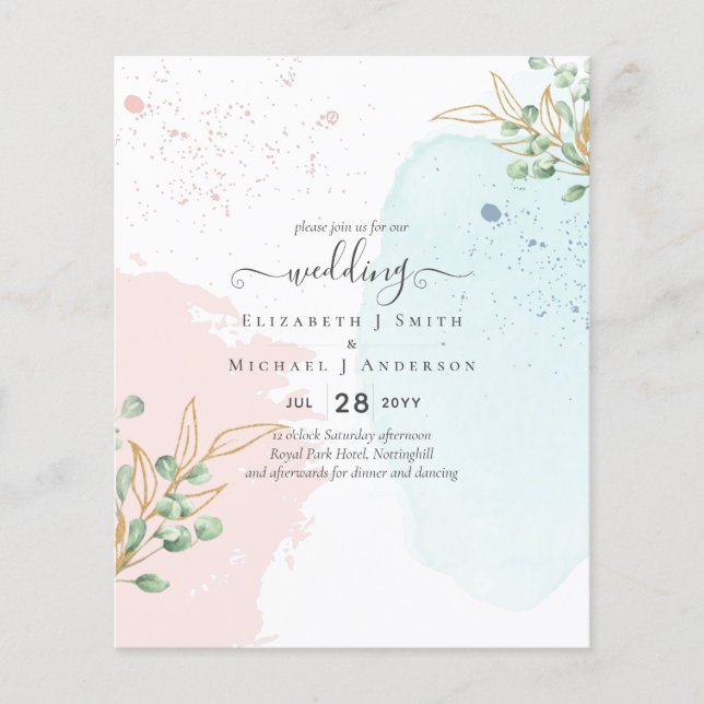 BUDGETEN Eucalyptus Guld Rosa Blue Löv Bröllop Flygblad (Framsidan)